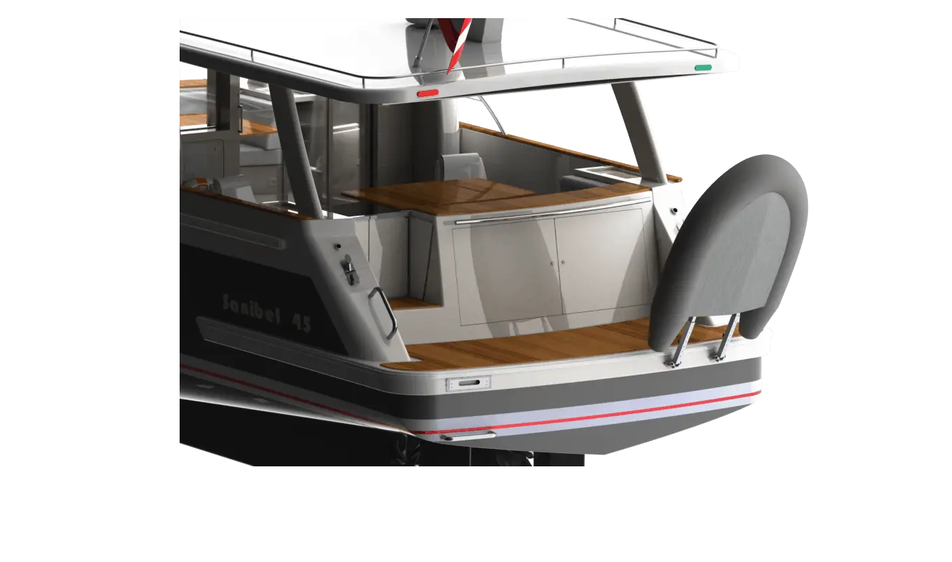 Yacht sailing with TenderConnect dinghy transport – clean stern, no davits